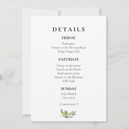 Invitation Branche Olive moderne Bachelorette Week-end (Dos)