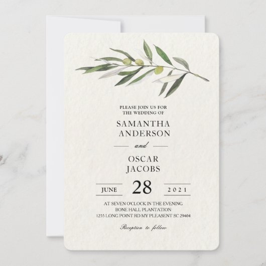 Invitation Branche verte d'olive simple (Devant)