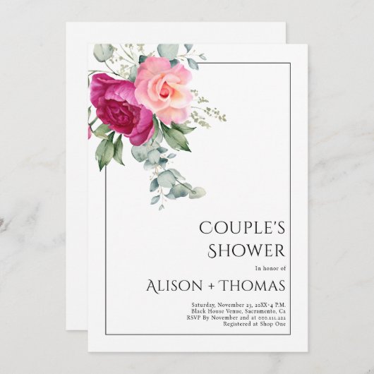 Invitation Branches avec fleurs rose rose couple douche (Devant / Derrière)