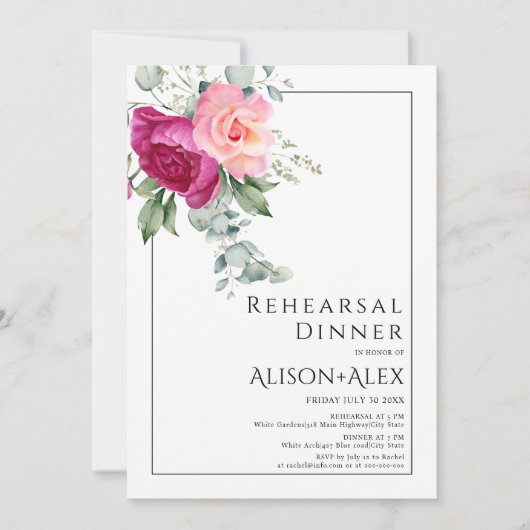 Invitation Branches avec fleurs roses roses répétition dîner (Devant)