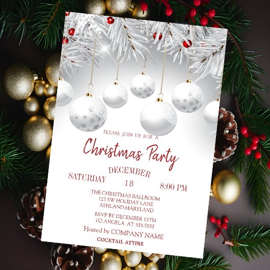 Invitation Branches blanches Boules de Noël Entreprise Fête
