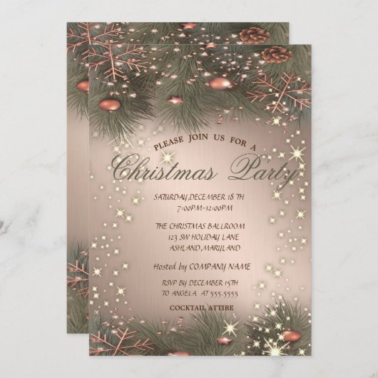 Invitation Branches d'arbre à pin, Boules, Rose fête de Noël  (Devant / Derrière)