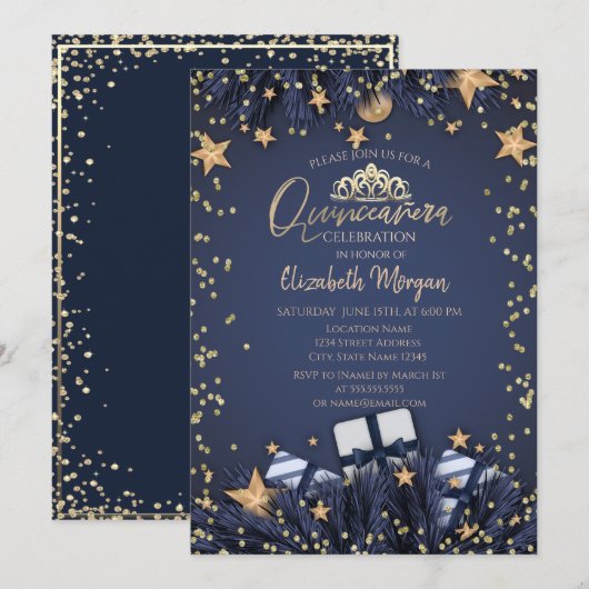 Invitation Branches d'arbre à pin, Diamants Marine Blue Quinc (Devant / Derrière)