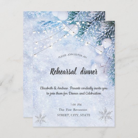 Invitation Branches d'arbre à pin, Neige, Dîner de répétition (Devant / Derrière)