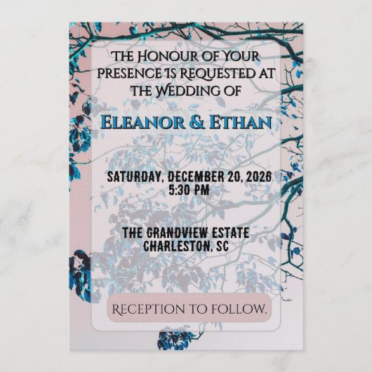 Invitation Branches de bleu sarcelle artistique Ciel rose mod (Devant)