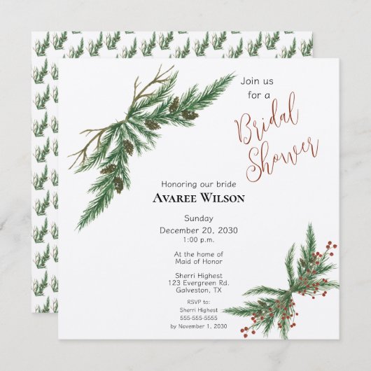 Invitation Branches de Noël Douche rouge et verte (Devant / Derrière)