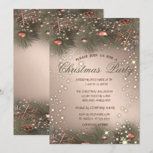 Invitation Branches de pin,Boules,Fête de Noël en or rose