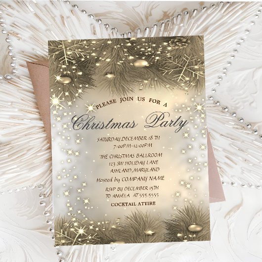 Invitation Branches de pin,Boules,Noël Or doré