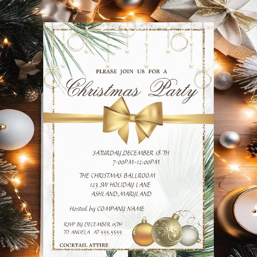 Invitation Branches de pin, boules, noeud doré Fête de Noël