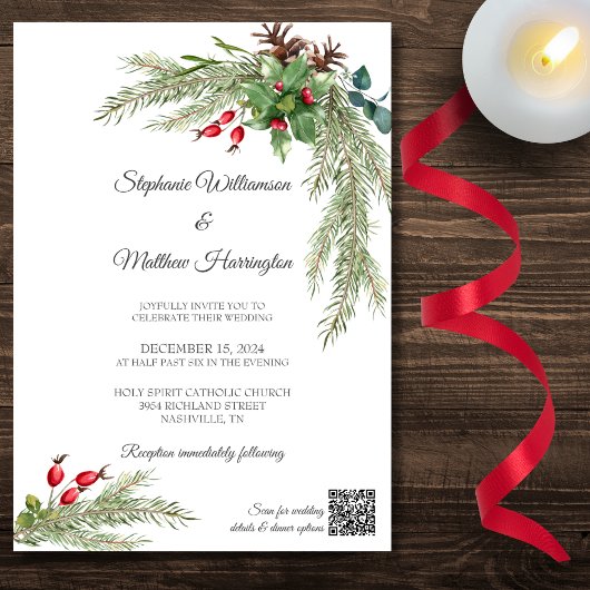 Invitation Branches de pin d'hiver avec des baies Code QR Mar