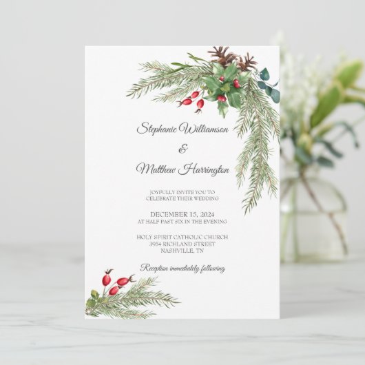 Invitation Branches de pin d'hiver avec Mariage de baies (Debout devant)