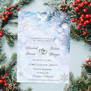 Invitation Branches de pin, lumières de Noël à cordes Mariage