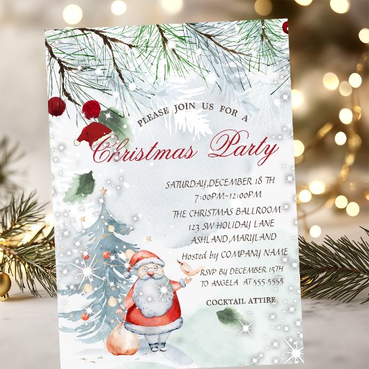 Invitation Branches de pin Père Noël Oiseau Noël