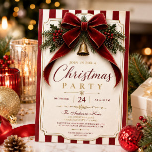 Invitation Branches de sapin festives Ruban rouge Cloche doré