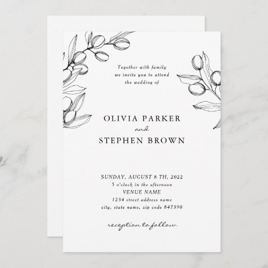 Invitation Branches d'olive élégantes. Mariage simple noir et (Devant / Derrière)
