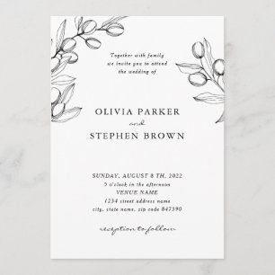 Invitation Branches d'olive élégantes. Mariage simple noir et