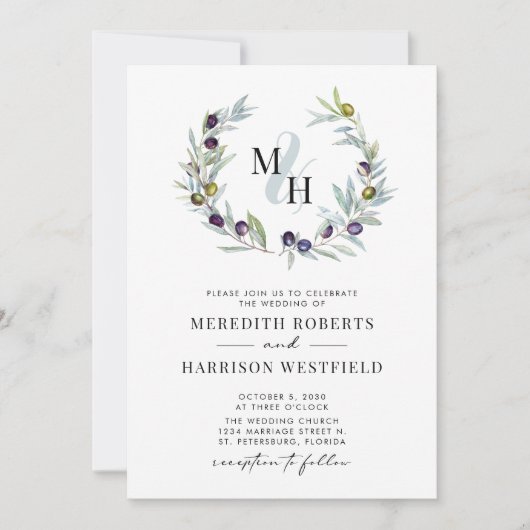 Invitation Branches d'olive Monogramme Mariage de couronne (Devant)