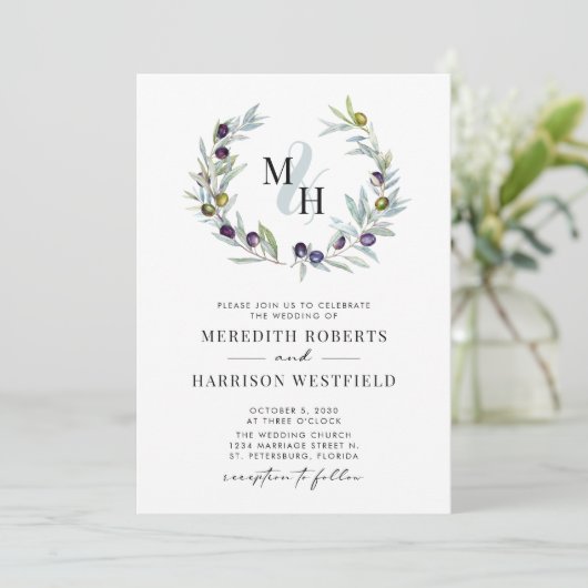 Invitation Branches d'olive Monogramme Mariage de couronne (Debout devant)
