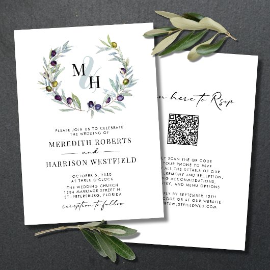 Invitation Branches d'olive Monogramme Mariage de couronne