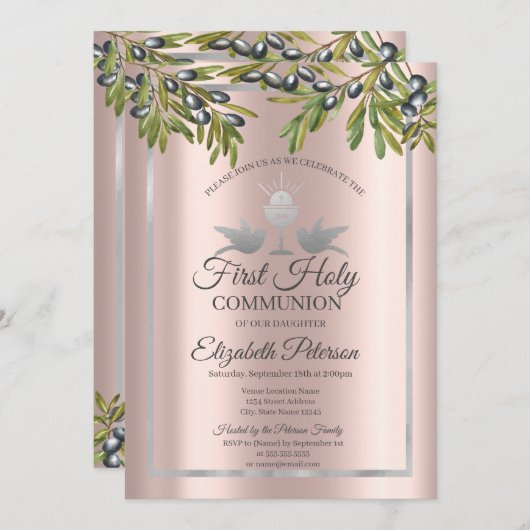 Invitation Branches d'olive Rose Gold Première Sainte Communi (Devant / Derrière)