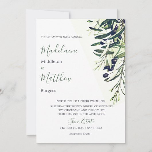Invitation Branches d'olive verte italienne mariage (Devant)