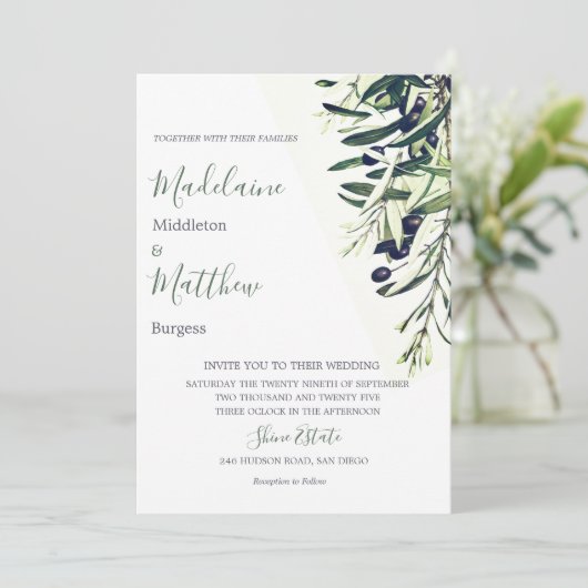 Invitation Branches d'olive verte italienne mariage (Debout devant)