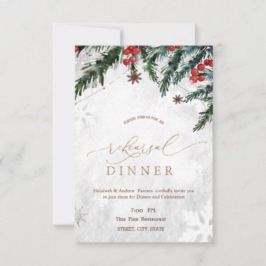 Invitation Branches Red Berries Dîner de répétition de flocon (Devant)
