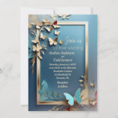 Invitation Branches turquoise or, feuilles, papillons mariage (Devant)