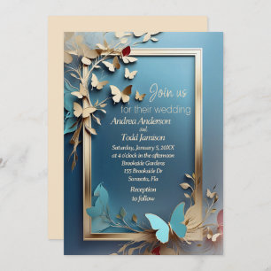 Invitation Branches turquoise or, feuilles, papillons mariage