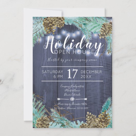 Invitation Branches vert pin avec cônes maison ouverte de vac (Devant)