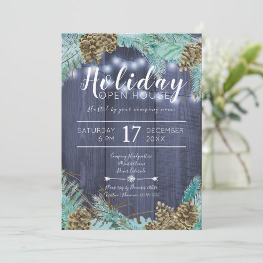 Invitation Branches vert pin avec cônes maison ouverte de vac (Debout devant)