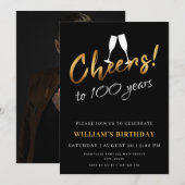Invitation Bravo à 100 ans Chic or noir photo Anniversaire (Devant / Derrière)