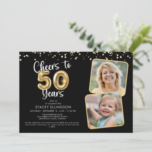 Invitation Bravo à 50 ans2 Photos Script Balloon Confetti (Debout devant)