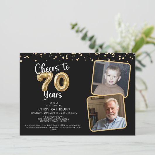 Invitation Bravo à 70 ans 2 Photos Script Balloon (Debout devant)