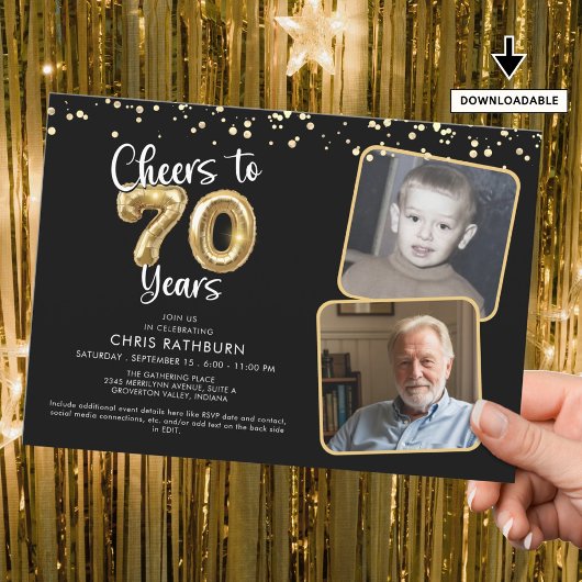 Invitation Bravo à 70 ans 2 Photos Script Balloon