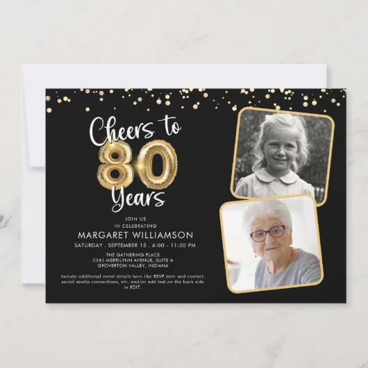 Invitation Bravo à 80 ans2 Photos Script Balloon Confetti (Devant)