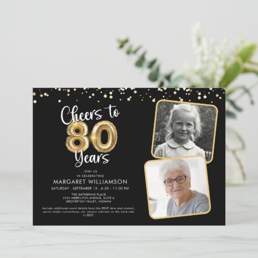 Invitation Bravo à 80 ans2 Photos Script Balloon Confetti (Debout devant)
