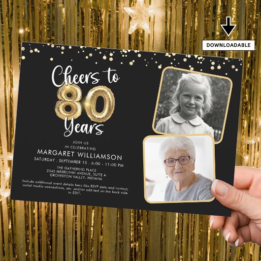 Invitation Bravo à 80 ans2 Photos Script Balloon Confetti