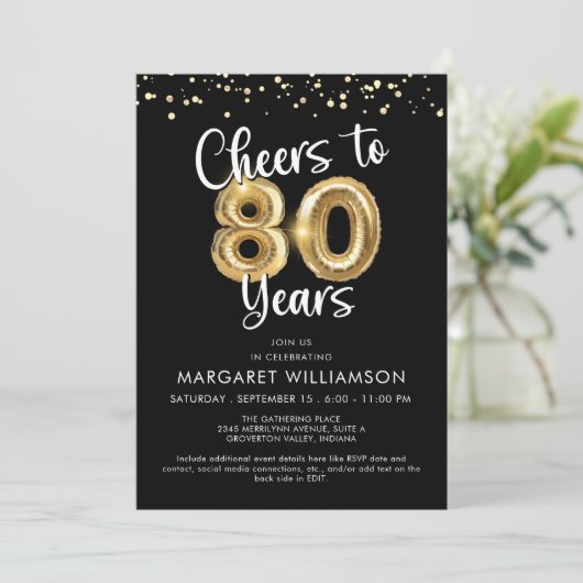 Invitation Bravo à 80 ans Ballons Confetti (Debout devant)