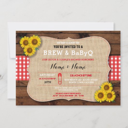 Invitation Brew & BABYQ Baby shower rouge Burlap Sunflower (Devant)