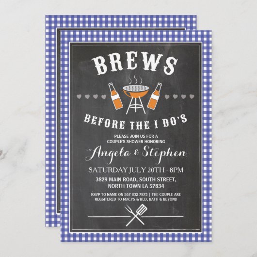 Invitation Brews Before The I Do's Blue Fiançailles Invitatio (Devant / Derrière)