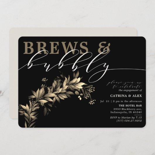Invitation Brews Bubbly Black Beig Green Engagement Party (Devant / Derrière)