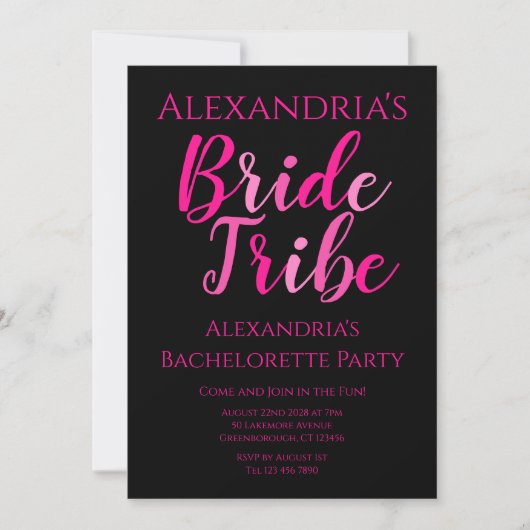 Invitation Bribe Tribe Bachelorette Party Hot rose Noir (Devant)