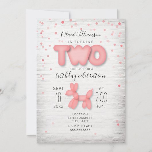 Invitation Brick Confetti en ballons rose 2e anniversaire (Devant)