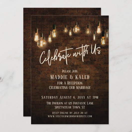 Invitation Brick industriel Edison Lights Célébrez avec nous (Devant / Derrière)