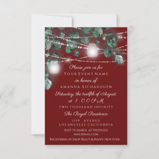 Invitation Bridal 16th Lights Jars Rustic Smoky Green Burgund (Devant)