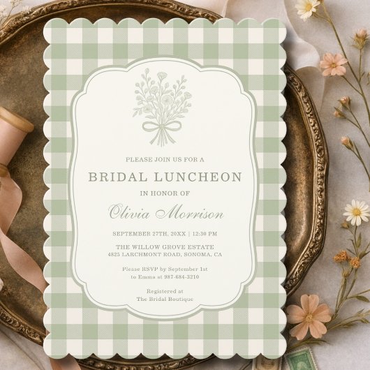 Invitation  Bridal Luncheon Gingham Sage Green Floral Bow