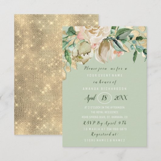 Invitation Bridal Shower Flower Brunch Mint Green Gold Roses (Devant / Derrière)
