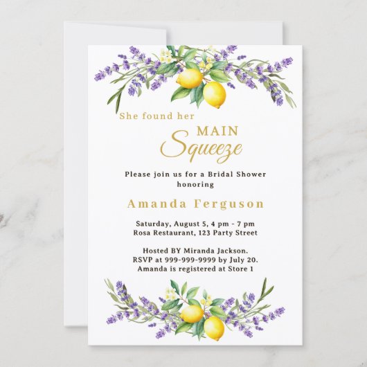Invitation Bridal Shower lavender florals lemons main squeeze (Devant)