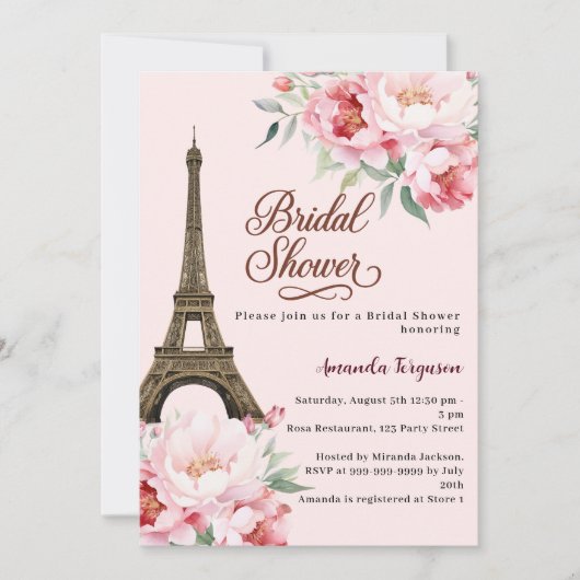 Invitation Bridal shower Paris Eiffel tower pink flowers (Devant)